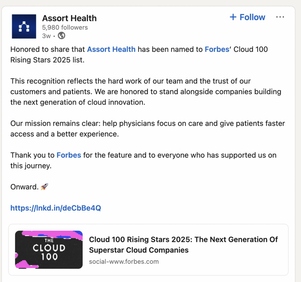 Assort Health Forbes Cloud 100 
