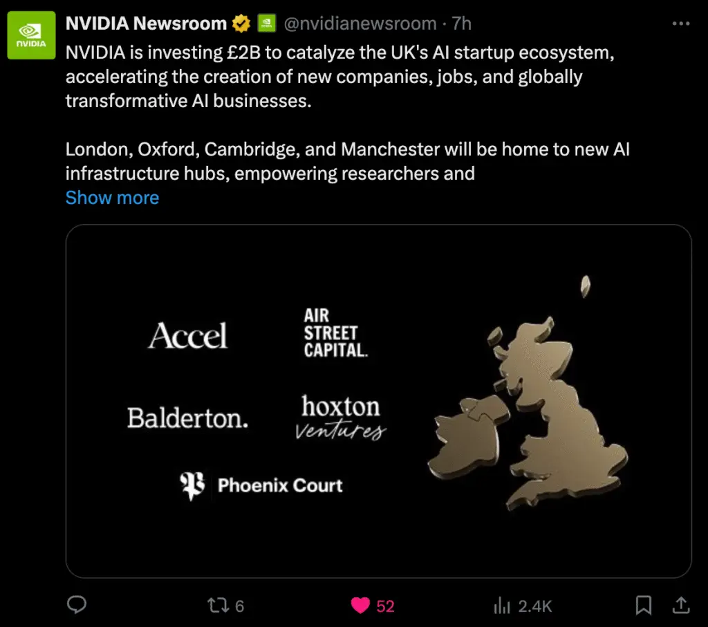 Nvidia Unveils £2B UK Investment Plan Targeting Wayve, Revolut and AI Startups