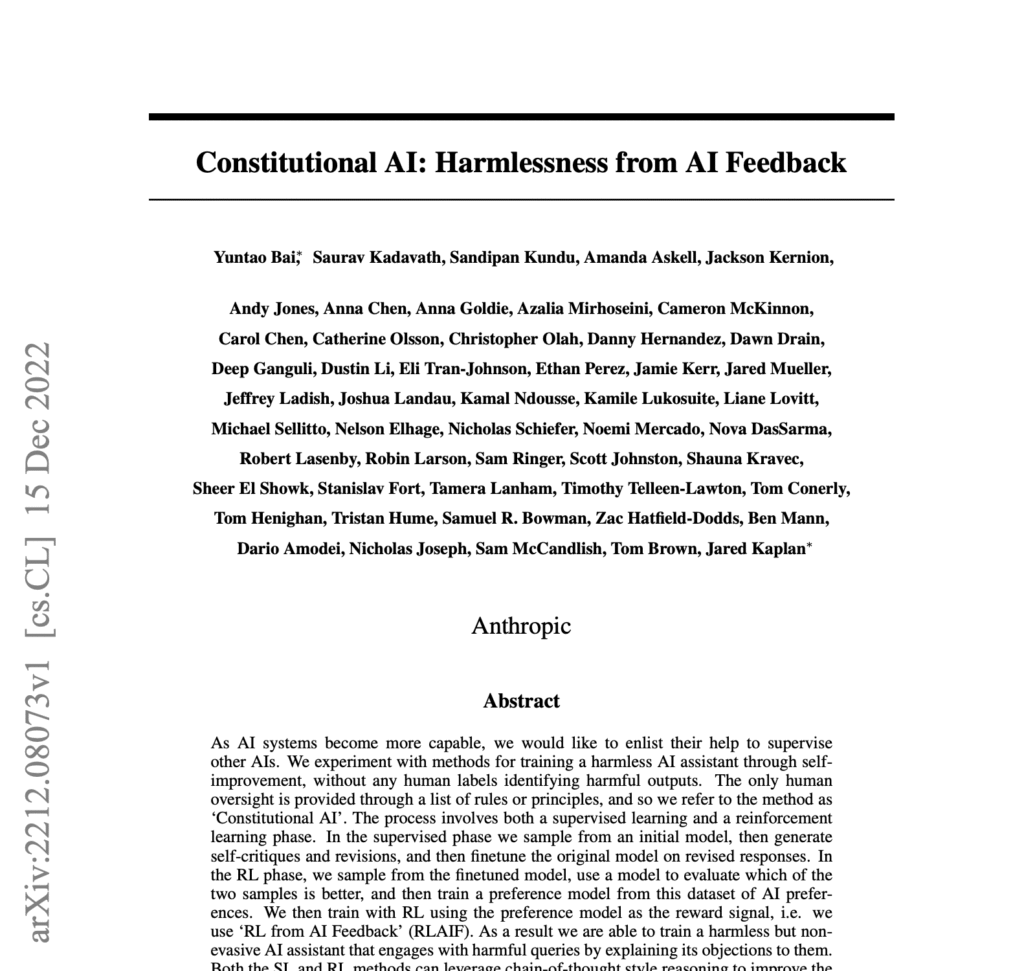 Constitutional AI: Harmlessness from AI Feedback